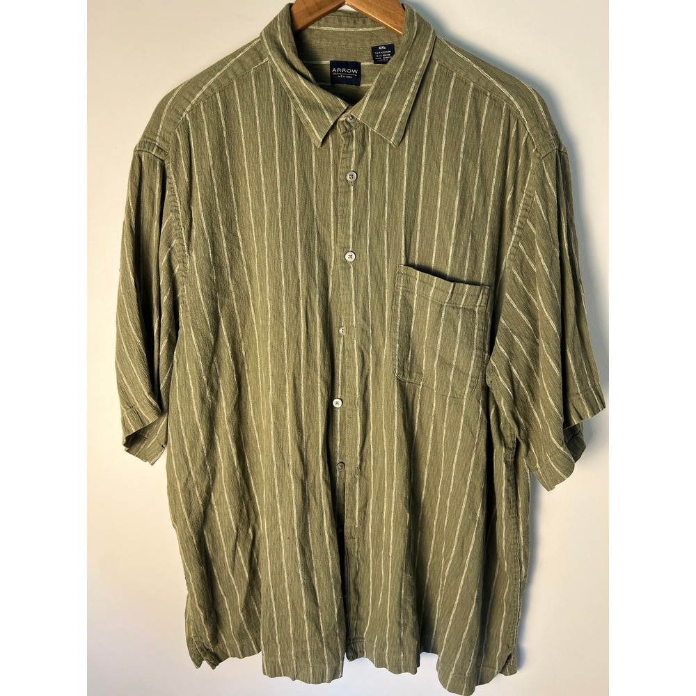 Arrow Button Down Shirt Mens XXL‎ Green Striped Cotton Bamboo Slub Short Sleeve